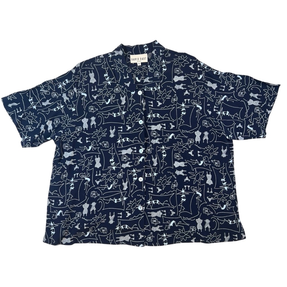 David Dart Womens Navy Blue Vintage Art Print Button Up Top 1X